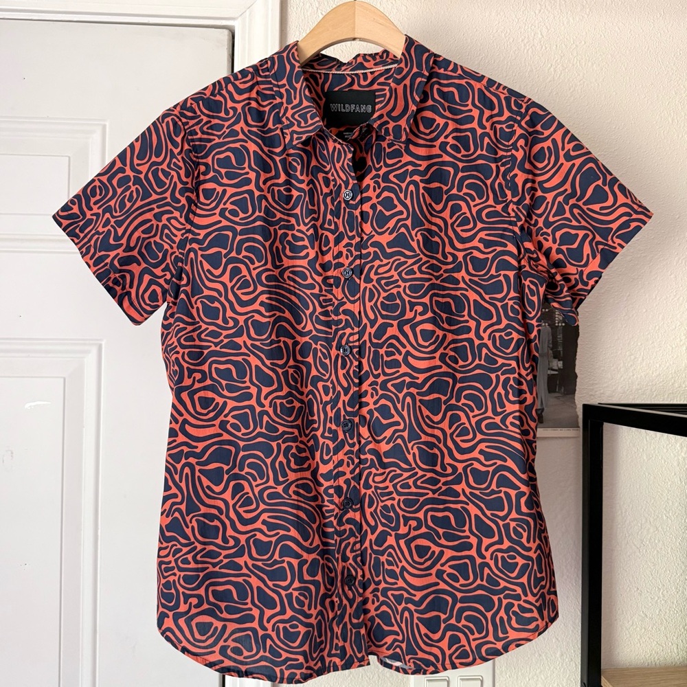 Wildfang navy coral abstract tribal print cotton short sleeve button up shirt